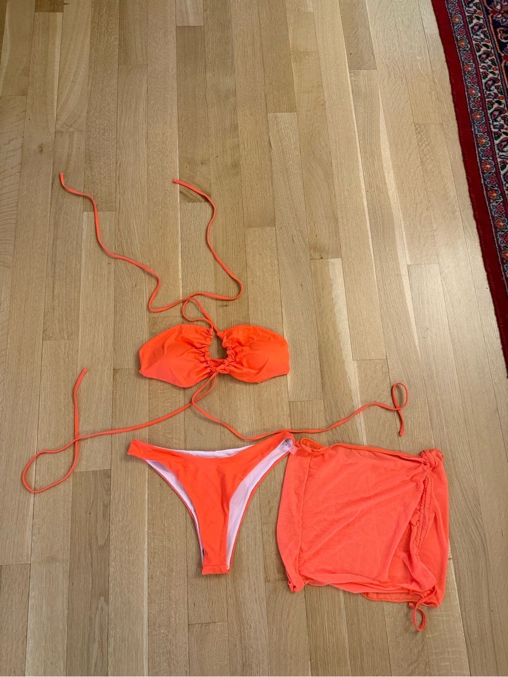 Neon Orange Three-Piece Bikini Set with Sarong